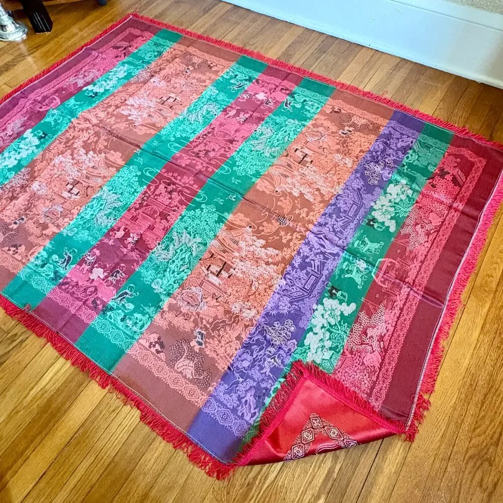 Vintage Chinese Scenic Fringed Tablecloth 74x55 Red Satin Brocade Shawl Tapestry